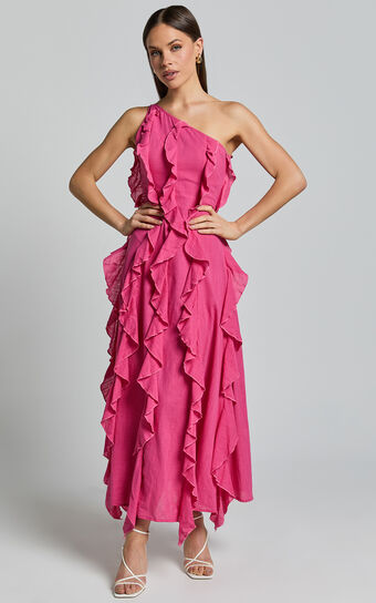 Britney Maxi Dress - One Shoulder Ruffle Detail Dress in Pink