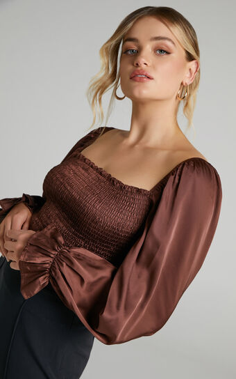 Vira Top - Shirred Top in Chocolate Satin
