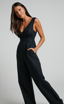 Amalie The Label - Emiliana Linen Blend Plunge Wide Leg Jumpsuit in Black