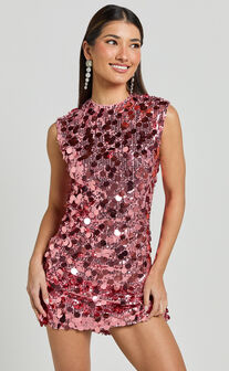 Tracy Mini Dress - Disc Sequin Shift Dress in Rose