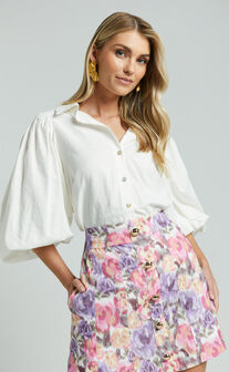 Amalie The Label - Hanae Linen Blend Collared Button Through Puff Sleeve Shirt in White