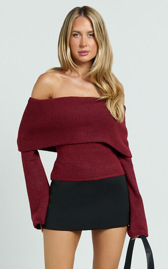Darcie Top - Off Shoulder Long Sleeve Knitted Top in Wine