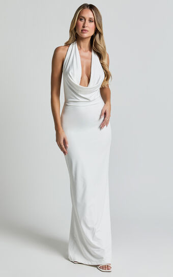 Sylvana Maxi Dress - Cowl Halter Neck Bodycon Dress in White