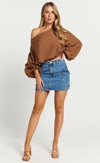 Alesia Top - Asymmetrical Boat Neck Elastic Hem Crop Top in Chocolate