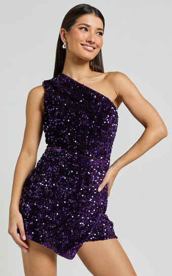 Molly Playsuit - Sequin One Shoulder Skort Playsuit in Purple