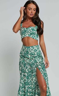 Nelli Two Piece Set - Crop Top and Thigh Split Maxi Skirt in White and Green Floral