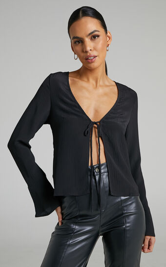 Perly Blouse - Crinkle Tie Front Long Sleeve Blouse in Black