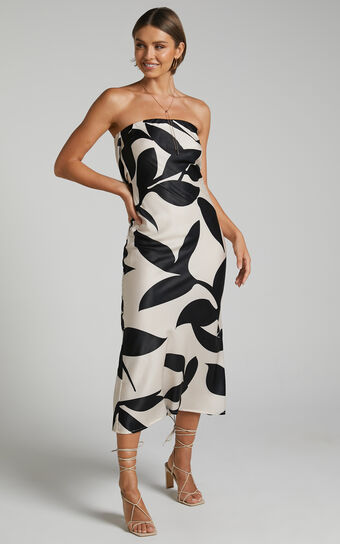 Madelyn Midi Dress – Strapless Palm Print Satin Dress in Cream and Black Shadow Print No Brand