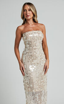 Stacey Midi Dress- Strapless Sequin Dress in Champagne
