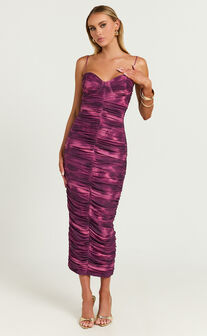 Leanor Midi Dress - Mesh Ruched Bustier Bodycon Dress in Purple Fields