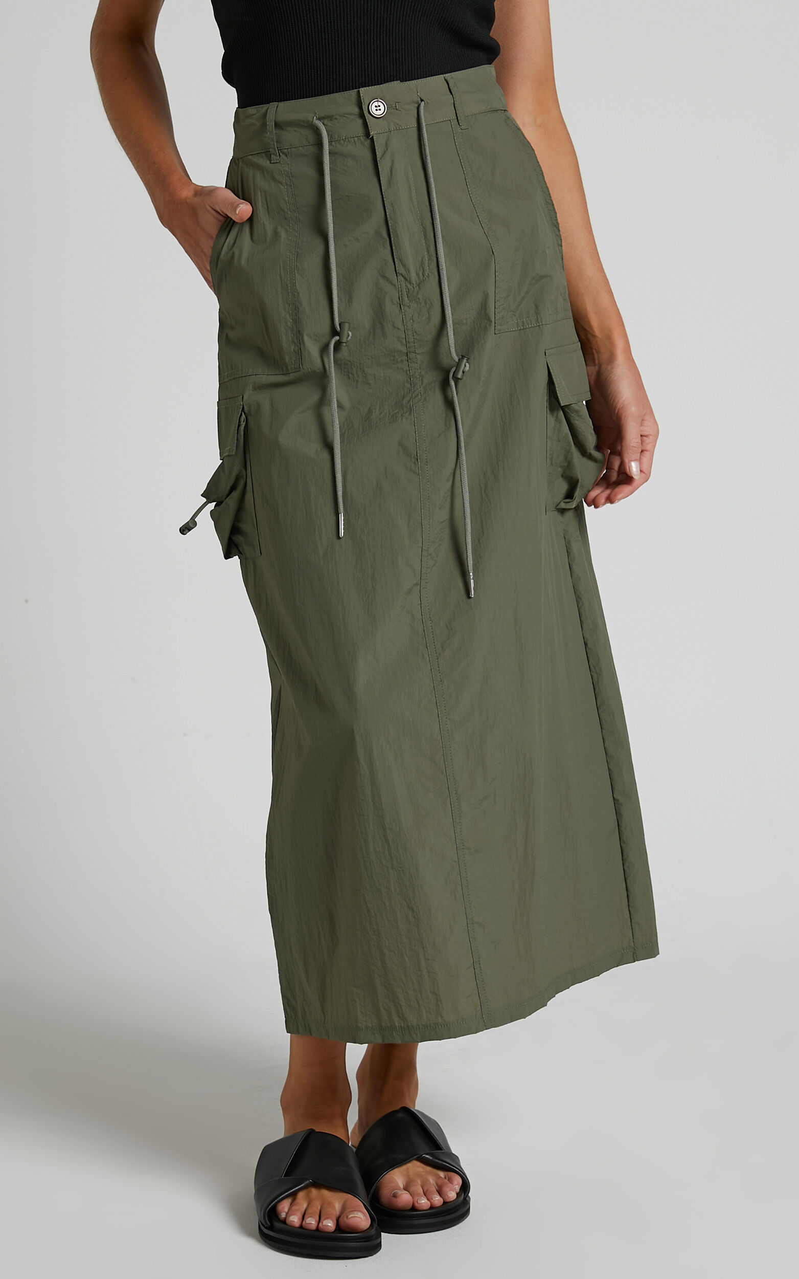 Liscia Midi Skirt - Straight Pocket Detailing Cargo Skirt in Khaki | Showpo