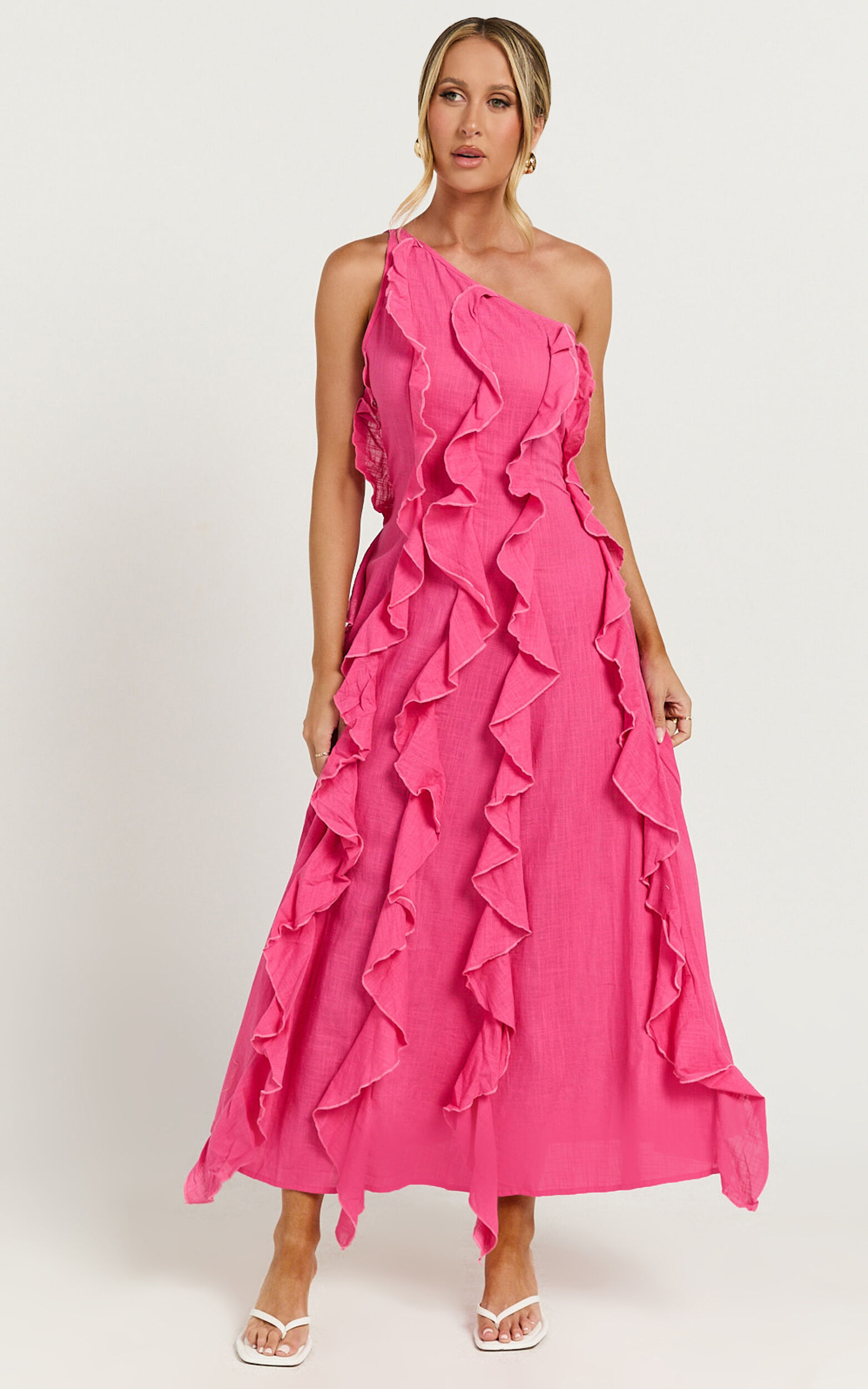 Britney Maxi Linen Blend Dress - One Shoulder Ruffle Detail Dress in Pink - 06, PNK1