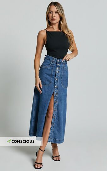 Alisa Midi Skirt - Button Through A Line Denim in Dark Blue Wash