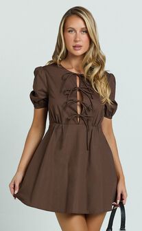 Hattie Mini Dress - Tie Front Puff Sleeve Dress in Chocolate