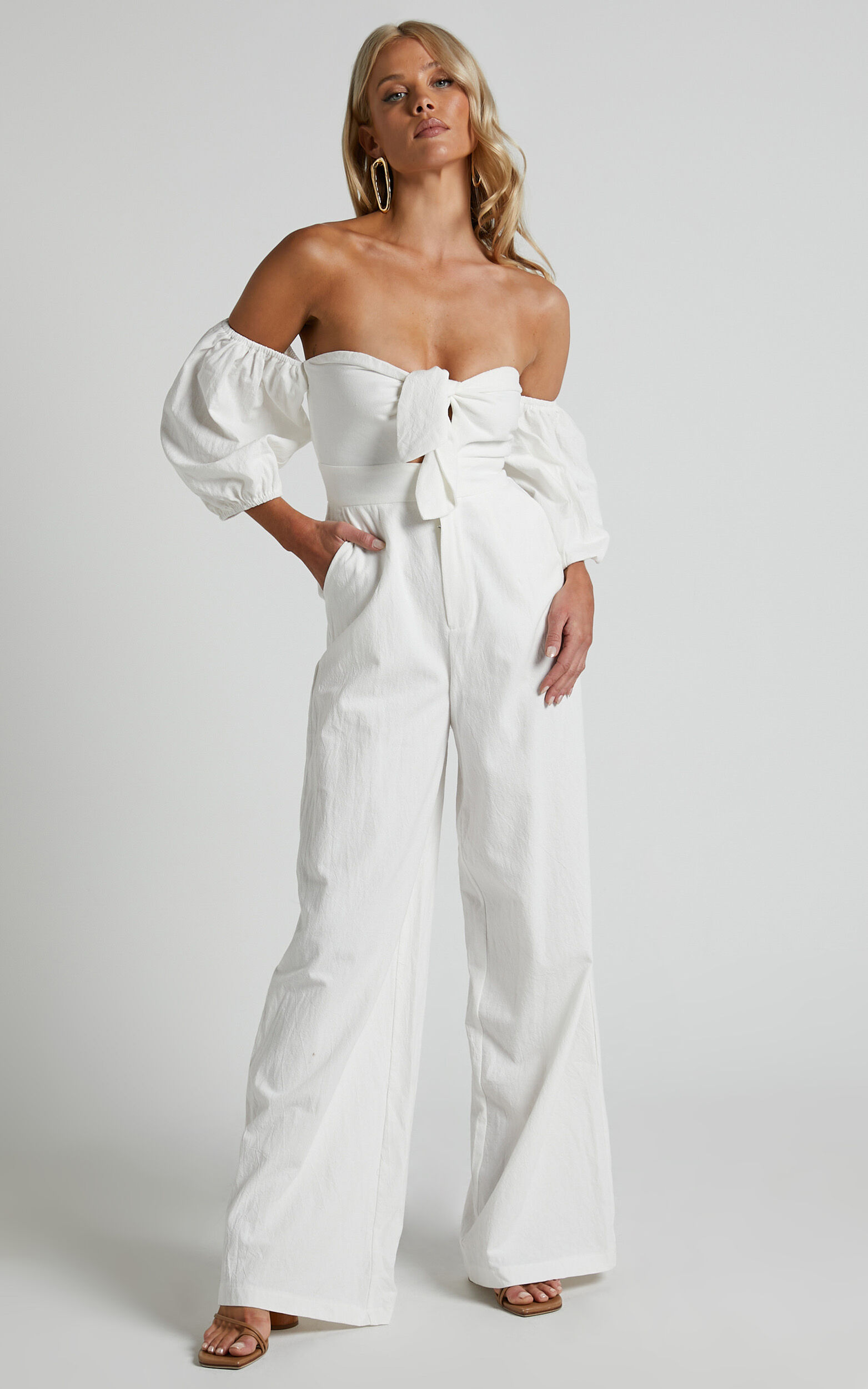 Maja Jumpsuit - Front Tie Off Shoulder Jumpsuit in Off White - 04, WHT4