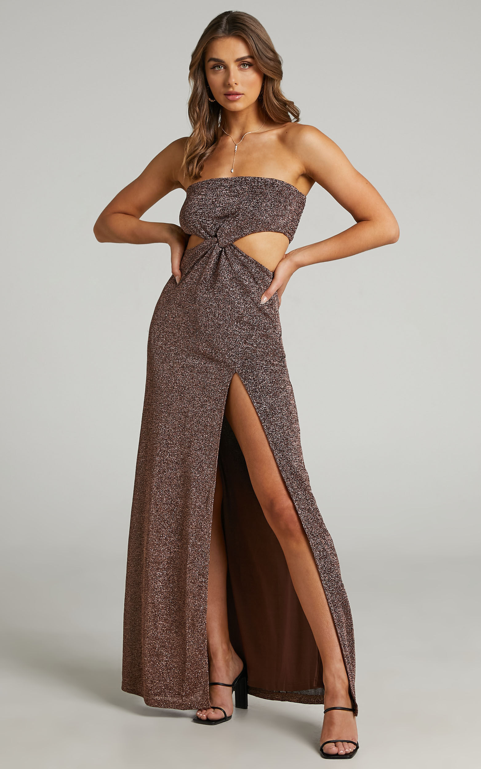 Ariane Cut Out Strapless Maxi Dress with Leg Split in Copper Showpo USA