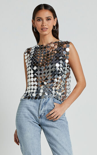 Beatrix Top - Circle Sequin Sleeveless Crop Top in Silver