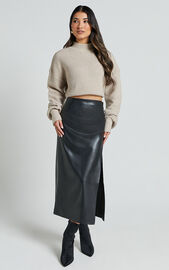 Chantel Midi Skirt - High Waist Ruched Faux Leather Skirt in Black | Showpo
