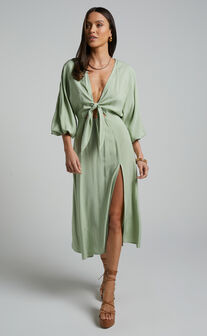 Tyricia Midi Dress - Long Sleeve Tie Front Cut Out Dress in Sage