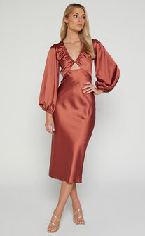 Adaleine Midi Dress - Plunge Neck Puff Sleeve Dress in Copper