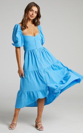 Palmer Midi Dress - Sweetheart Puff Sleeve Dress in Bright Blue