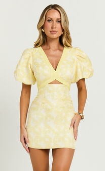 Diana Mini Dress - Jacquard Short Sleeve Cut Out Dress in Lemon