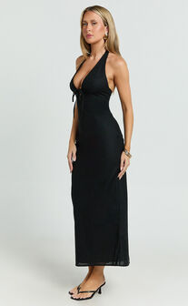 Lyla Midi Dress - Tie Front Plunge Halter Linen Blend Dress in Black
