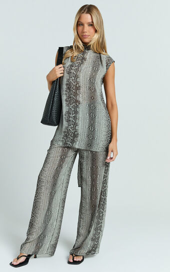 Janette Two Piece Set - Wrap Waist Longline Top and Wide Leg Pant Set in Snake
