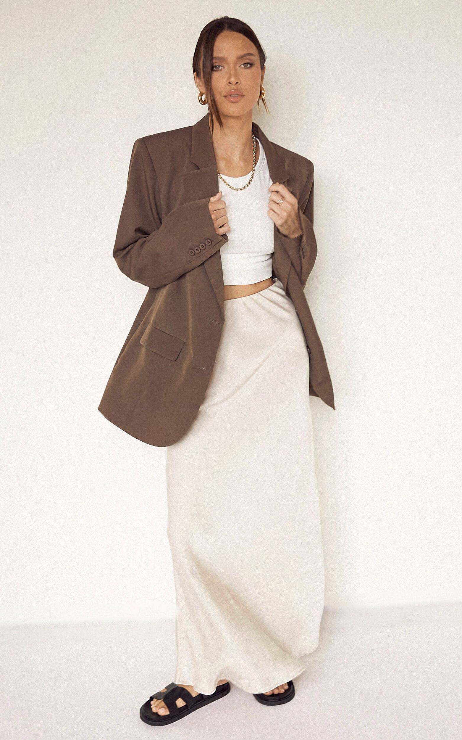 Amari Maxi Skirt High Waisted Bias Cut Skirt in Oyster Showpo USA