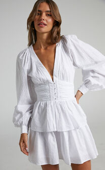 Suki Mini Dress - Plunge Neck Balloon Sleeve Tiered Ruffle Dress in White