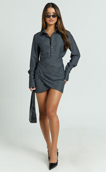 Desiree Mini Dress - Long Sleeve Wrap Skirt Shirt Dress in Grey