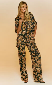 Laila Pants - High Waisted Wide Leg Pants in Black Floral