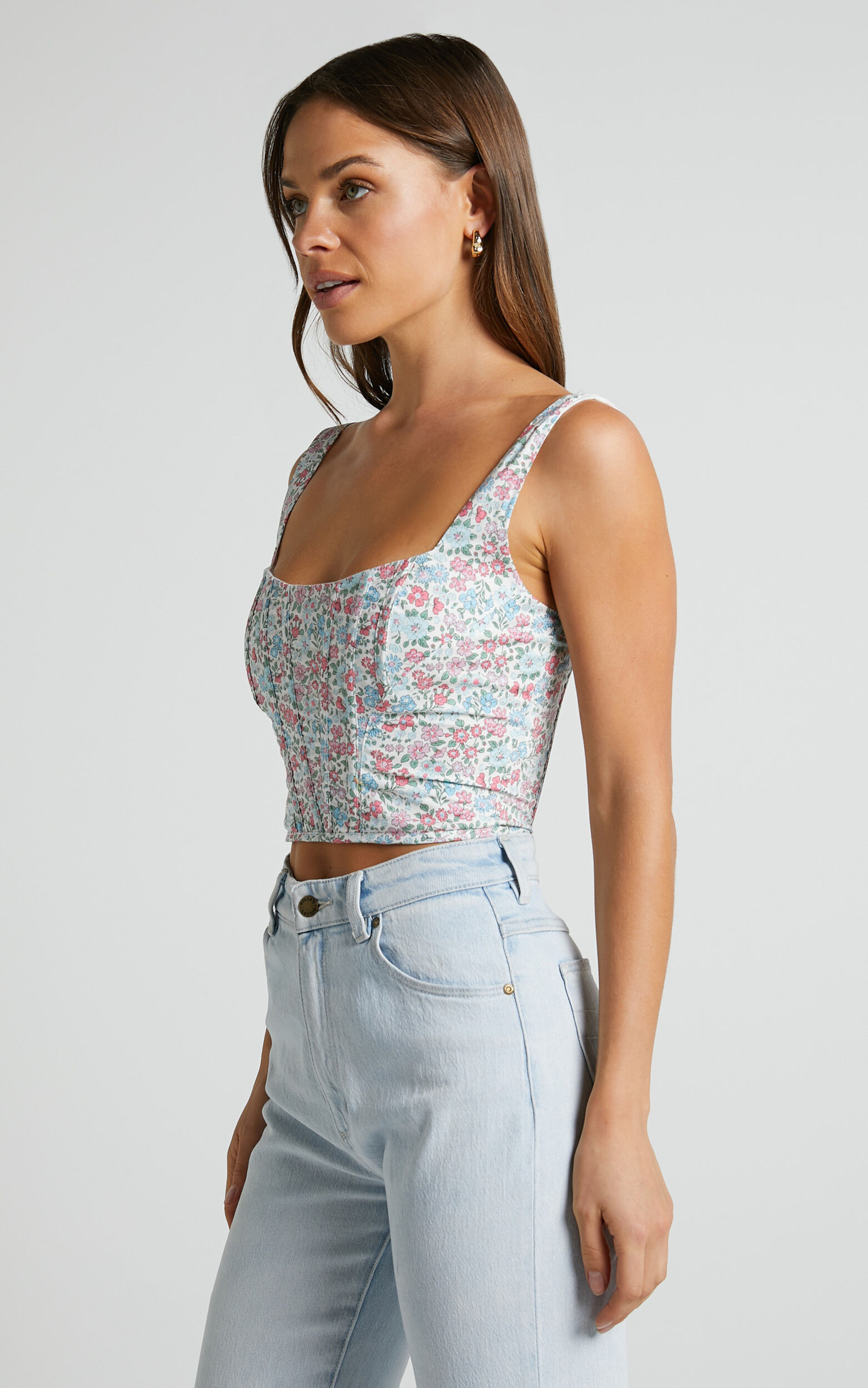 Women's Floral Sequin Square Neck Cropped Cami