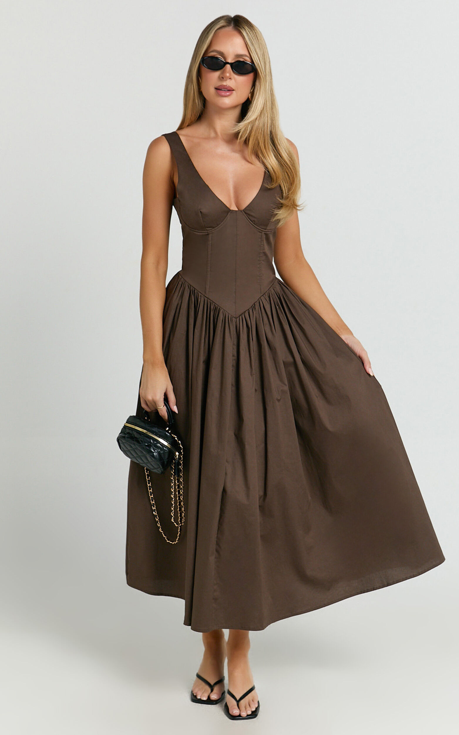Beckett Midi Dress - Scoop Neck Drop V Waist Gathered Skirt Dress in Dark Chocolate - 06, BRN1