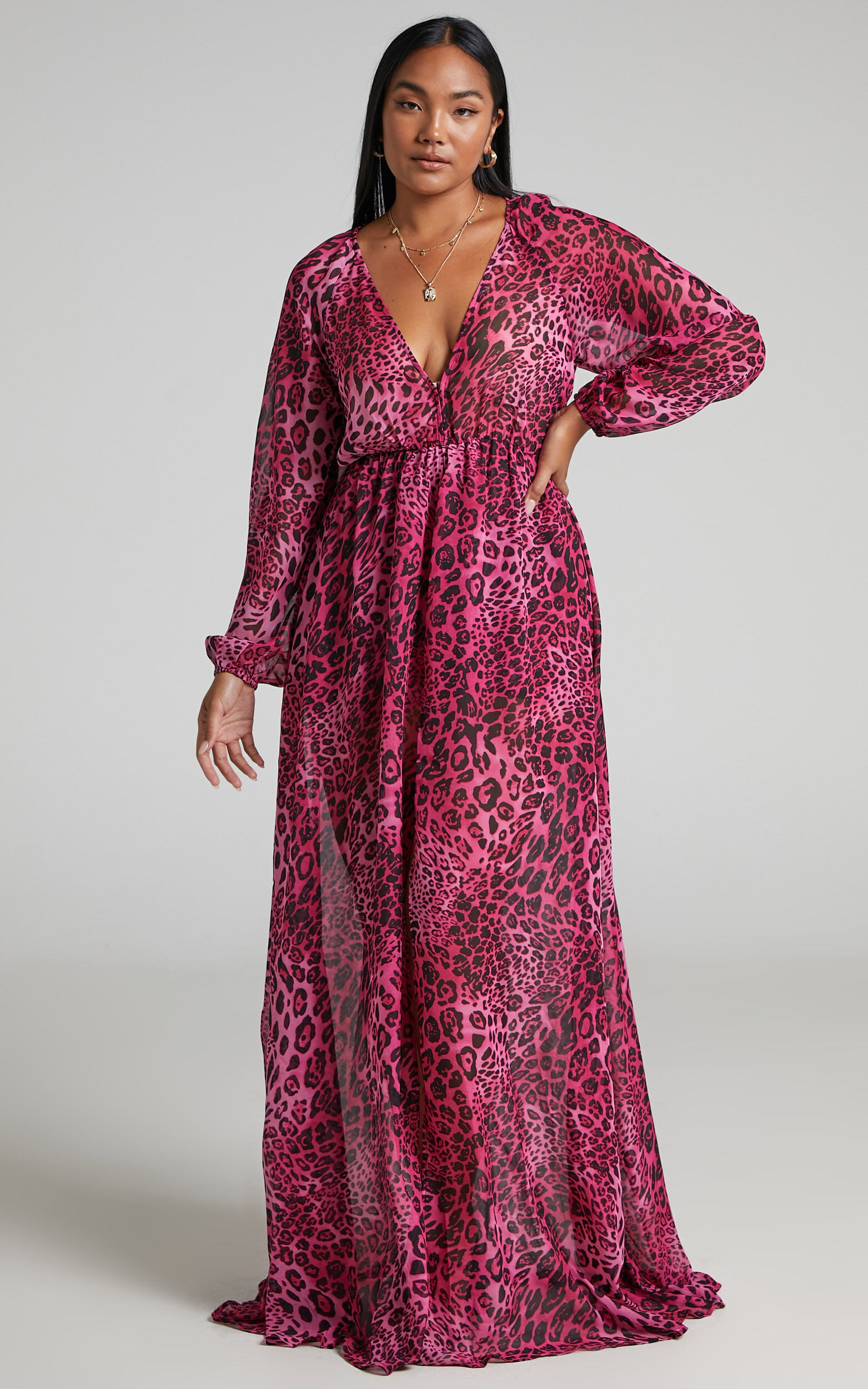 Aziza Playsuit Plunge Neck Maxi Skirt Playsuit in Pink Leopard