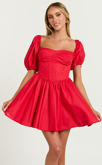 Souza Mini Dress - Fit and Flare Puff Sleeve Corset Dress in Red
