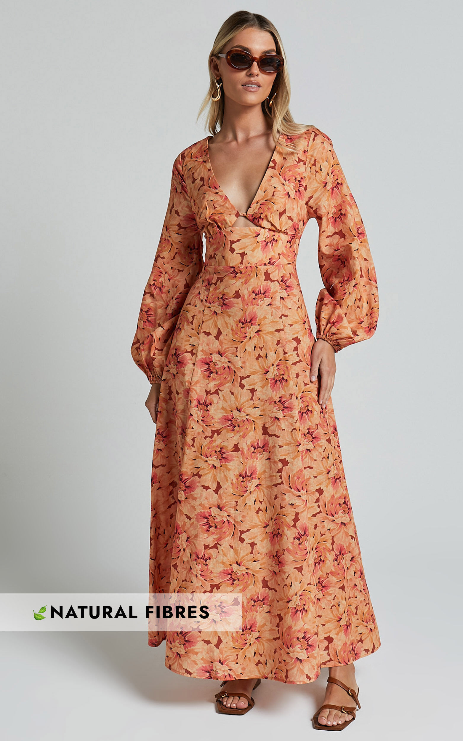 Amalie The Label - Maraien Linen Blend V Neck Front Keyhole Maxi Dress in Valencia Print - 06, ORG1