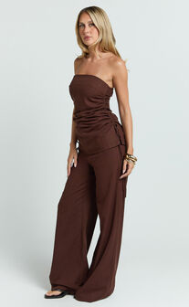 Cassia Two Piece Top and Pants Set - Strapless Top And Pants in Chocolate