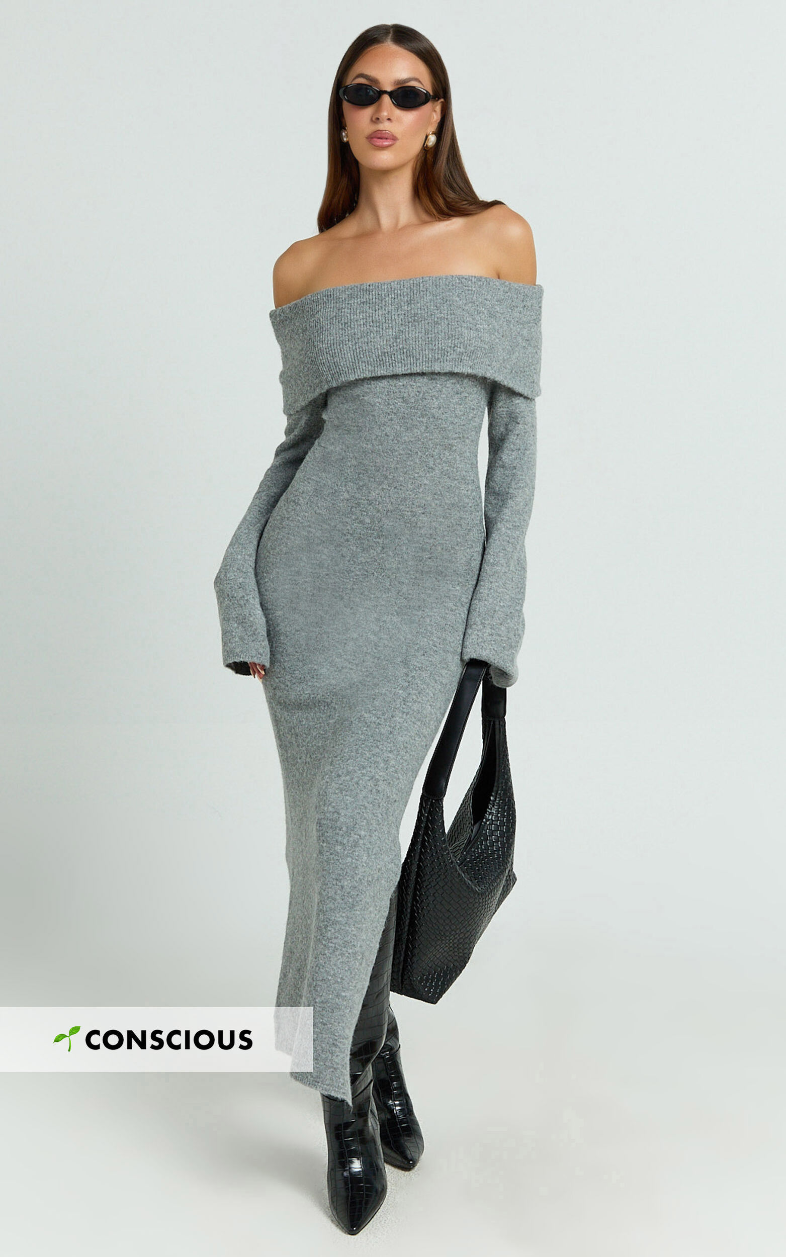 Darcie Midi Dress - Off Shoulder Knitted Long Sleeve Dress in Grey Marle - 06, GRY1