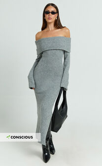 Darcie Midi Dress - Off Shoulder Knitted Long Sleeve Dress in Grey Marle