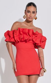 Coraline Mini Dress - Ruffle Off Shoulder Fitted Dress in Red