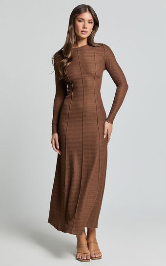 Valencia Maxi Dress - Long Sleeve A Line Dress in Chocolate