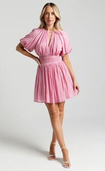Michalka Mini Dress - Blouson Puff Sleeve Elasticised Waist in Pink