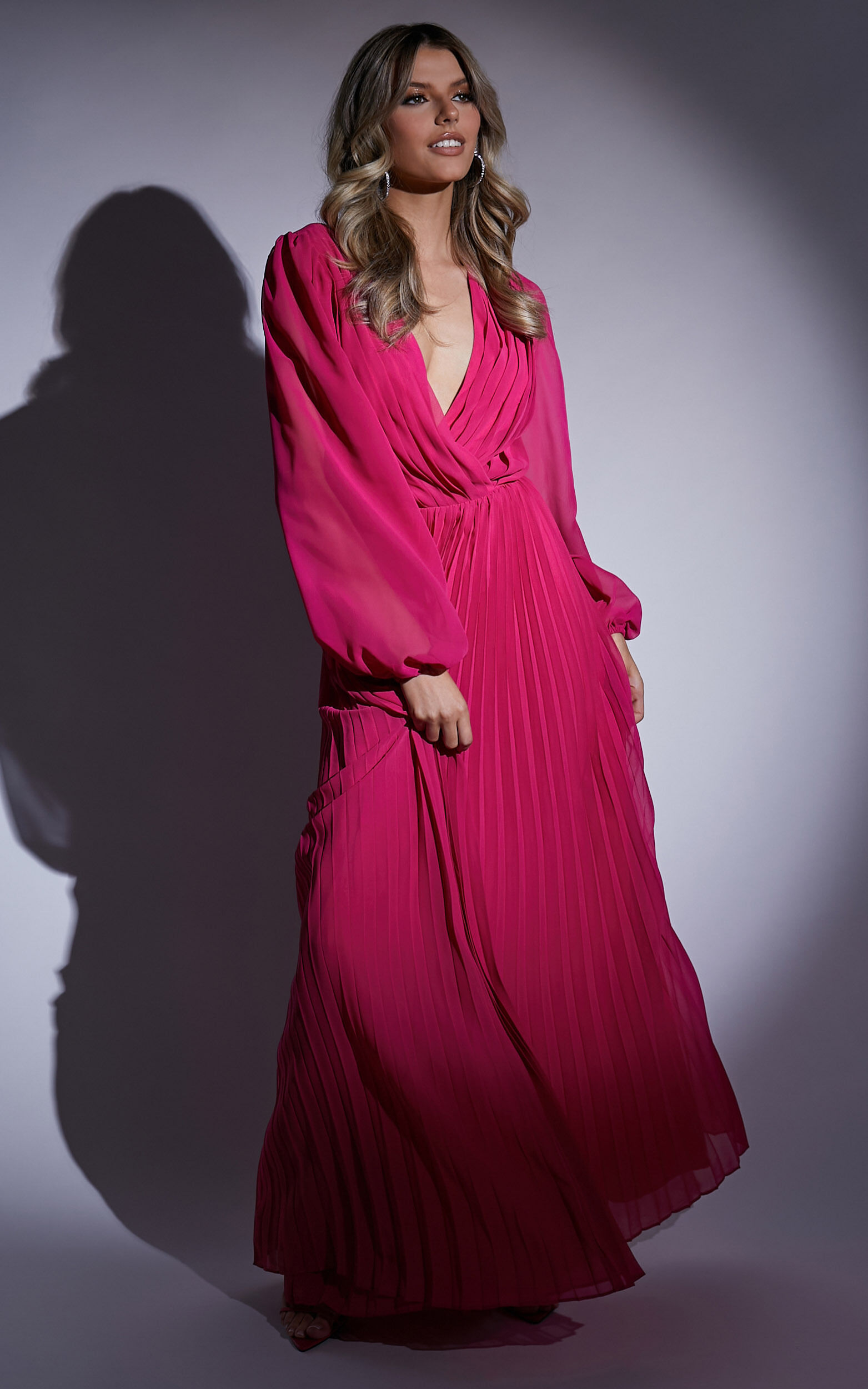 long sleeve long fuschia dress Palatine Maxi Dress Long Sleeve Wrap Pleated Dress in Pink