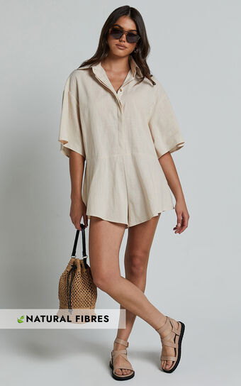 Ankana Playsuit Short Sleeve Relaxed Button Front in Biscuit Showpo Australia