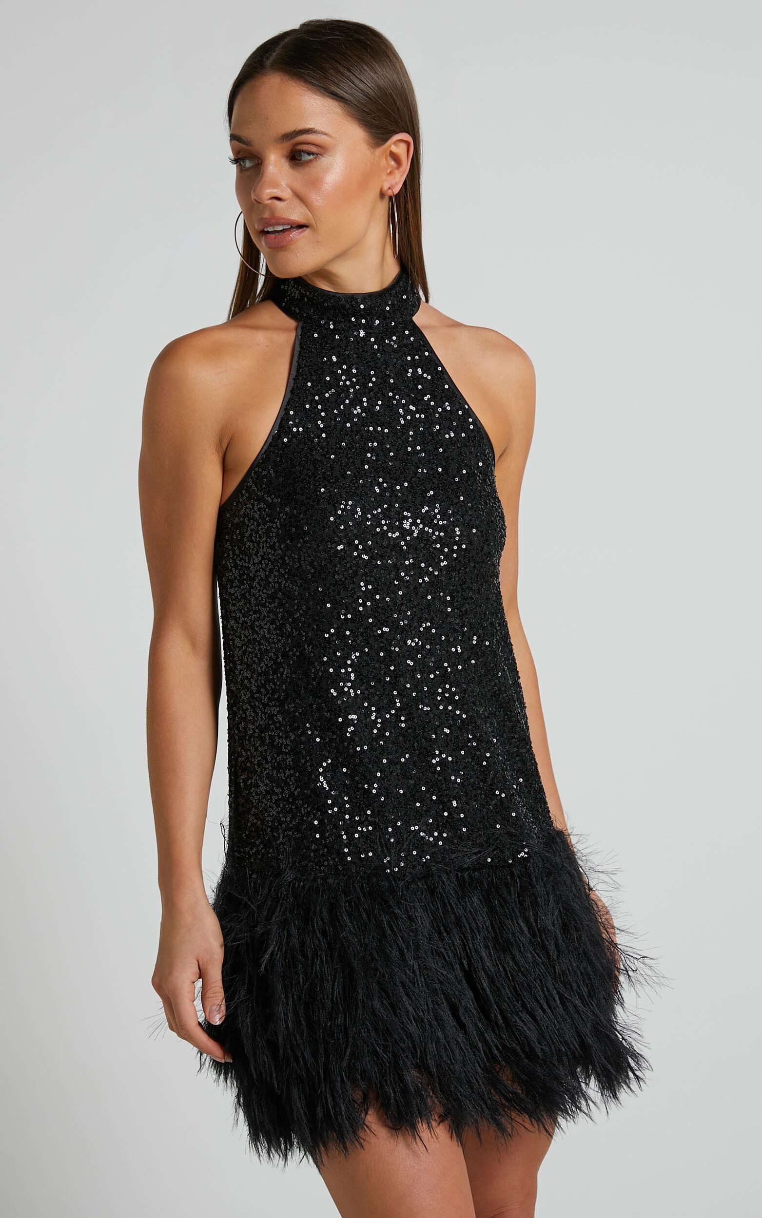 Malisha Mini Dress High Neck Faux Feather Dress in Black Showpo