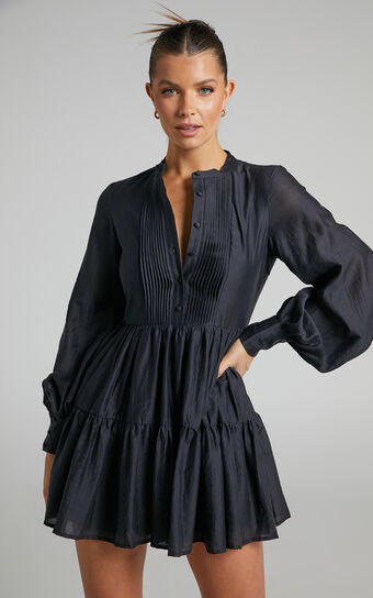 Kyra Mini Dress - Pin Tuck Detail Tiered Shirt Dress in Black