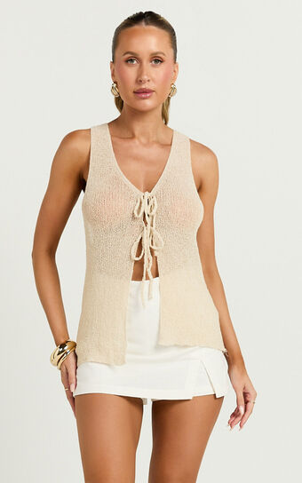 Jayanne Knit Top- Tie Front Knit Vest in Cream
