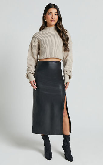 Chantel Midi Skirt - High Waist Ruched Faux Leather Skirt in Black
