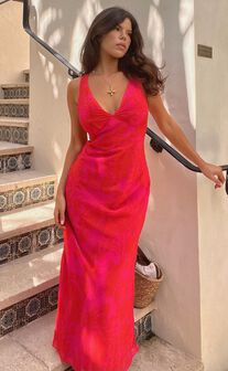 Jodie Midi Dress - V Neck Slip Dress in Pink Floral